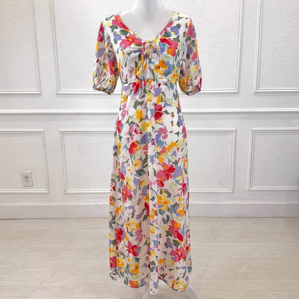 Lush Floral Maxi Dress Women Medium Pink Purple Tie Front Kentucky Derby